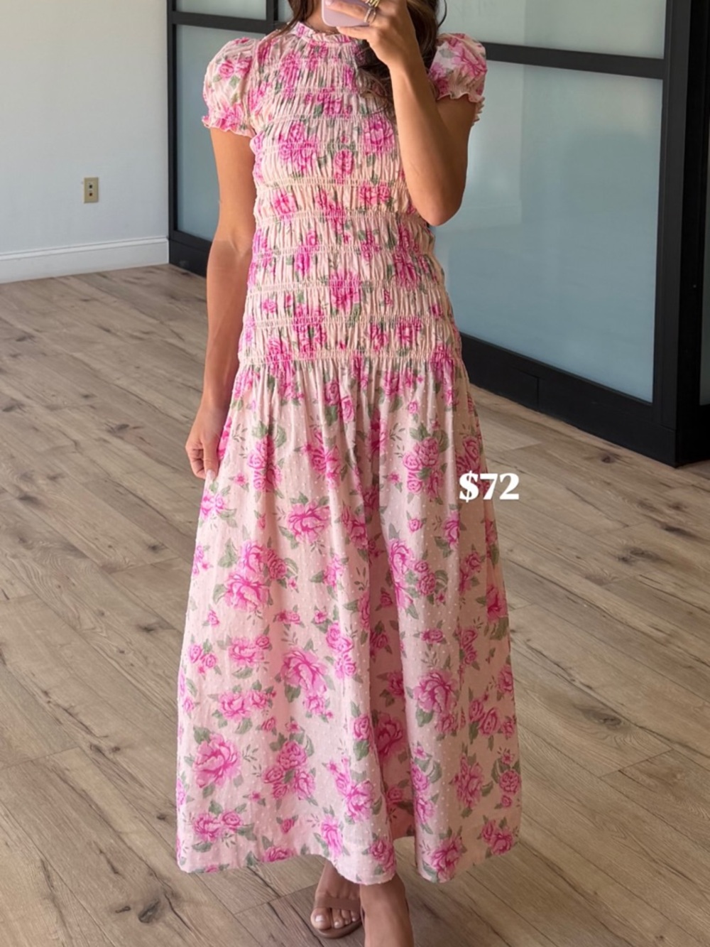 Floral Pink Smocked Midi Dress - Women